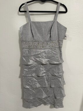 R&M Richards NWT Silver Tiered Ruffle Dress Beaded Waist Size 14 No Jacket